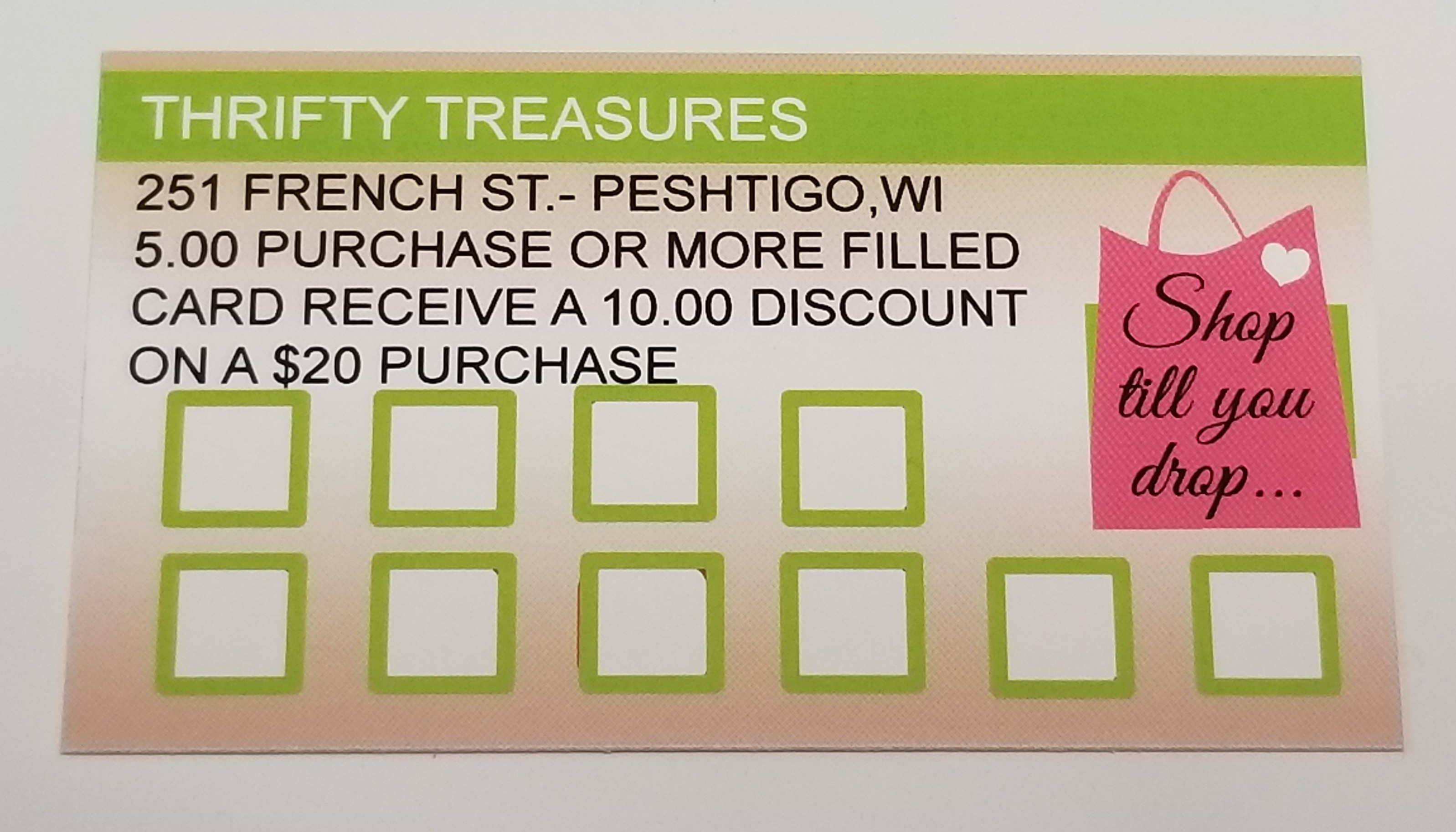 Photo of Back of Thrifty Treasures Customer Appreciation Card