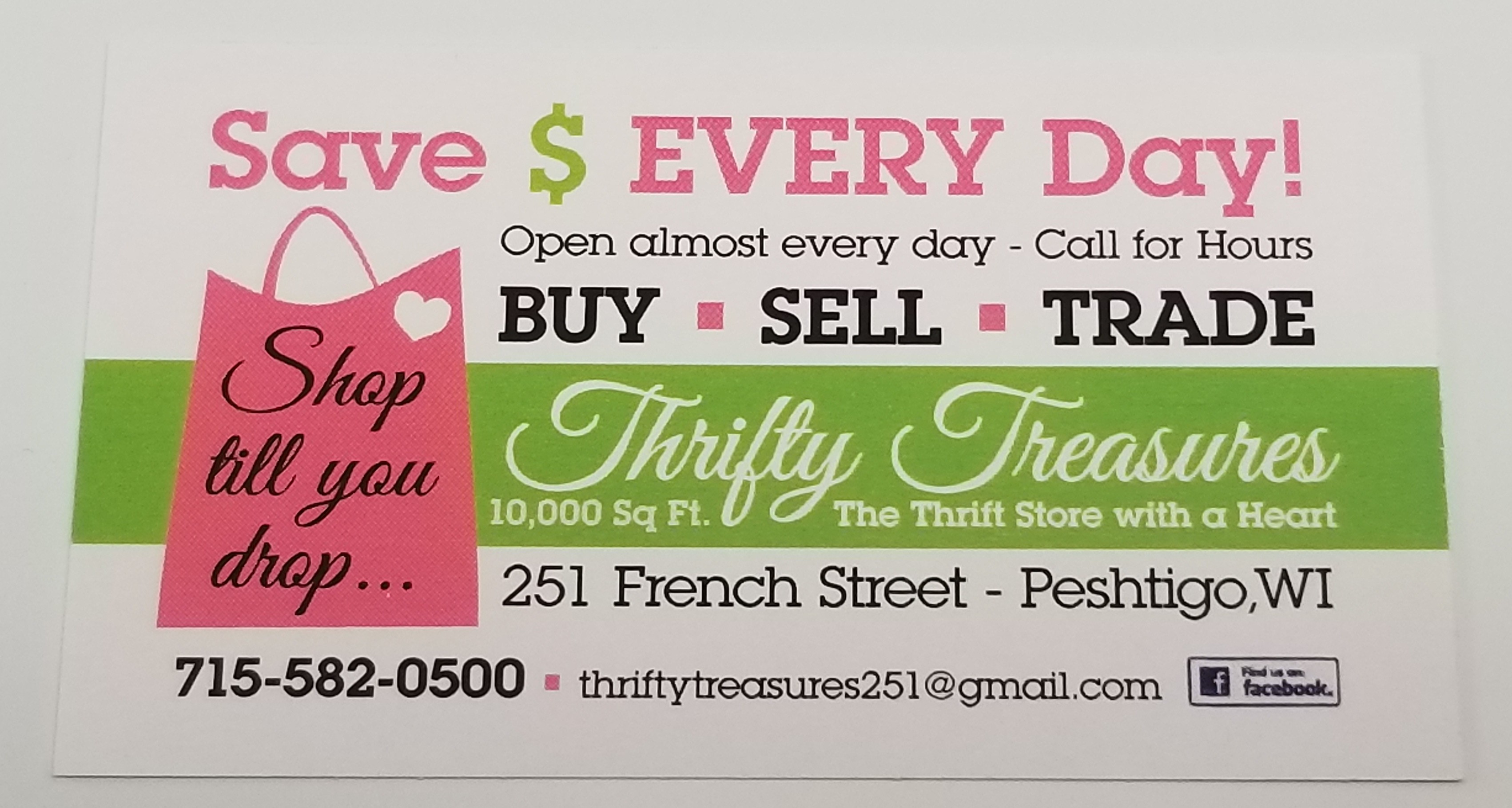 Photo of Front of Thrifty Treasures Customer Appreciation Card