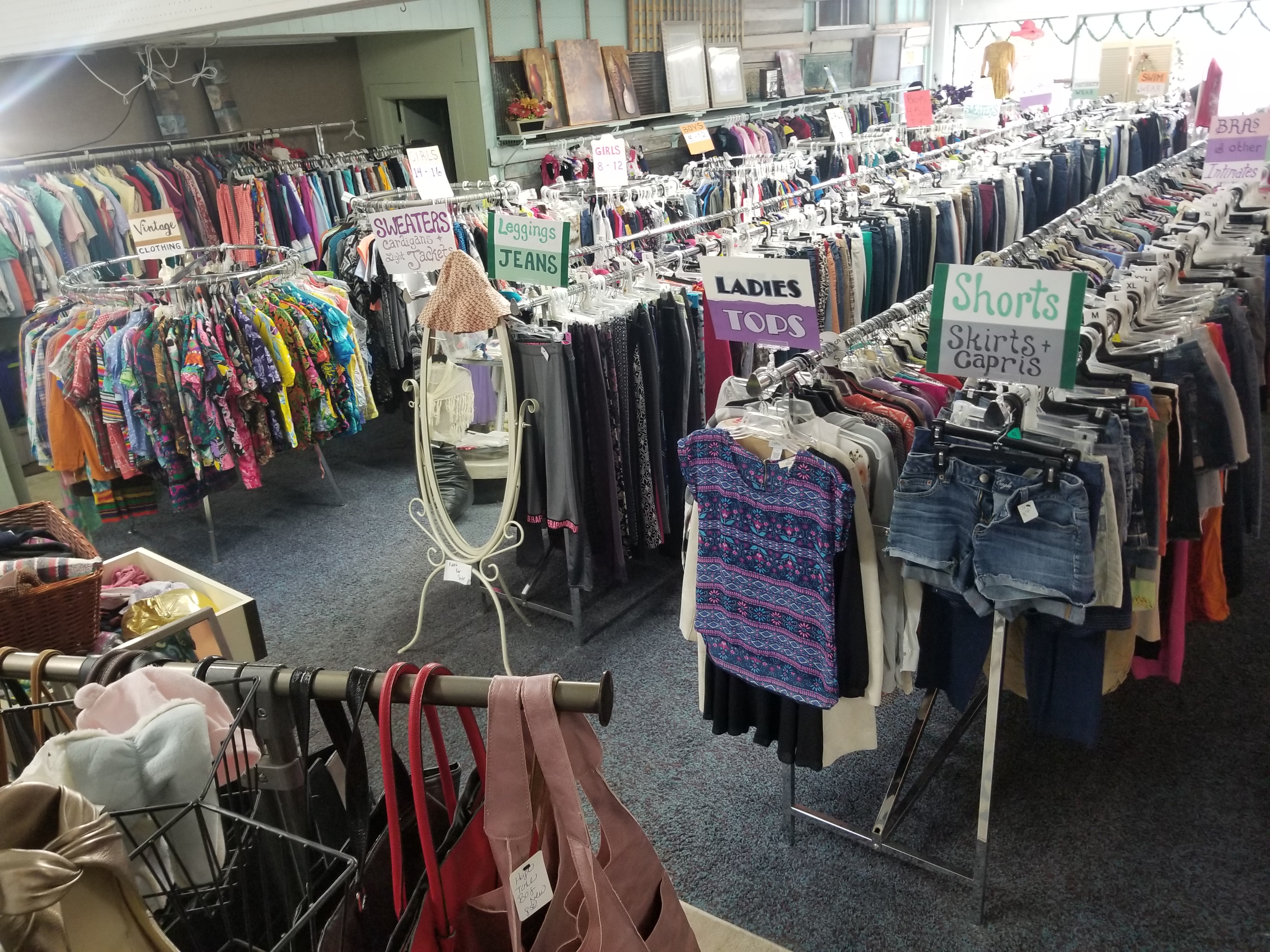 Birdseye view of our women's, children's, and vintage clothing section
